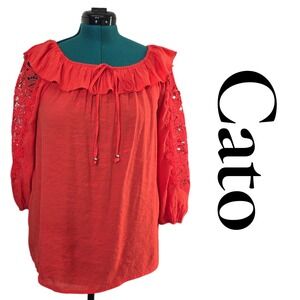 Cato Off The Shoulder Ruffle‎ Lace Sleeve Blouse Coral Orange Women's Size M